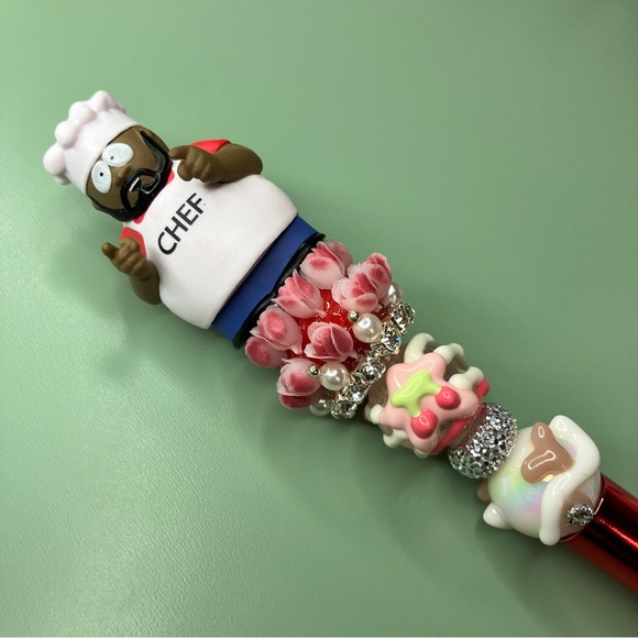 Chef Repurposed South Park Figure Beaded Pen with Red Accents Flowers Cherries - Picture 2 of 5